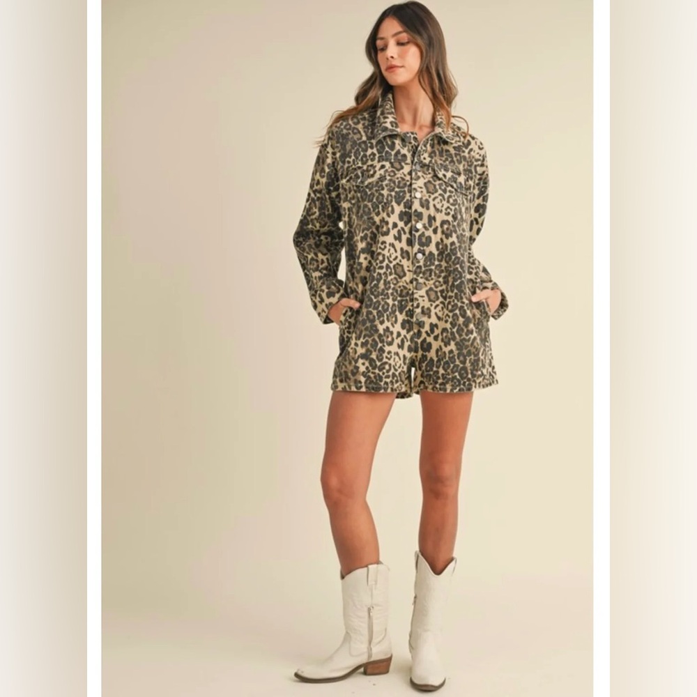 Leopard Print Denim Button Down Romper